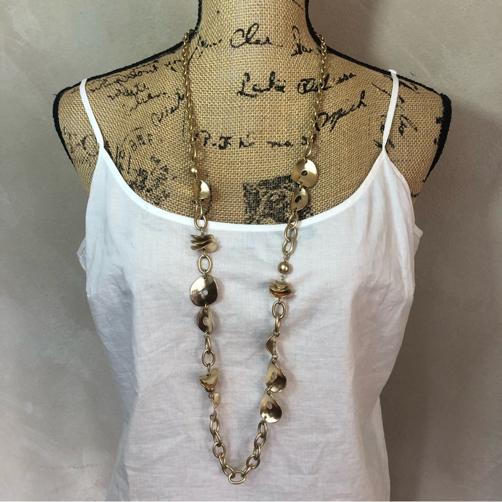 Chico’s long gold wavy disc chain necklace
